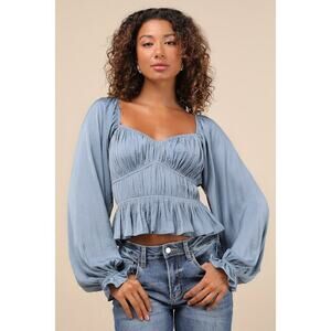 Lulus Sophisticate Slate Blue Satin Ruched Long Sleeve Top - Size M
